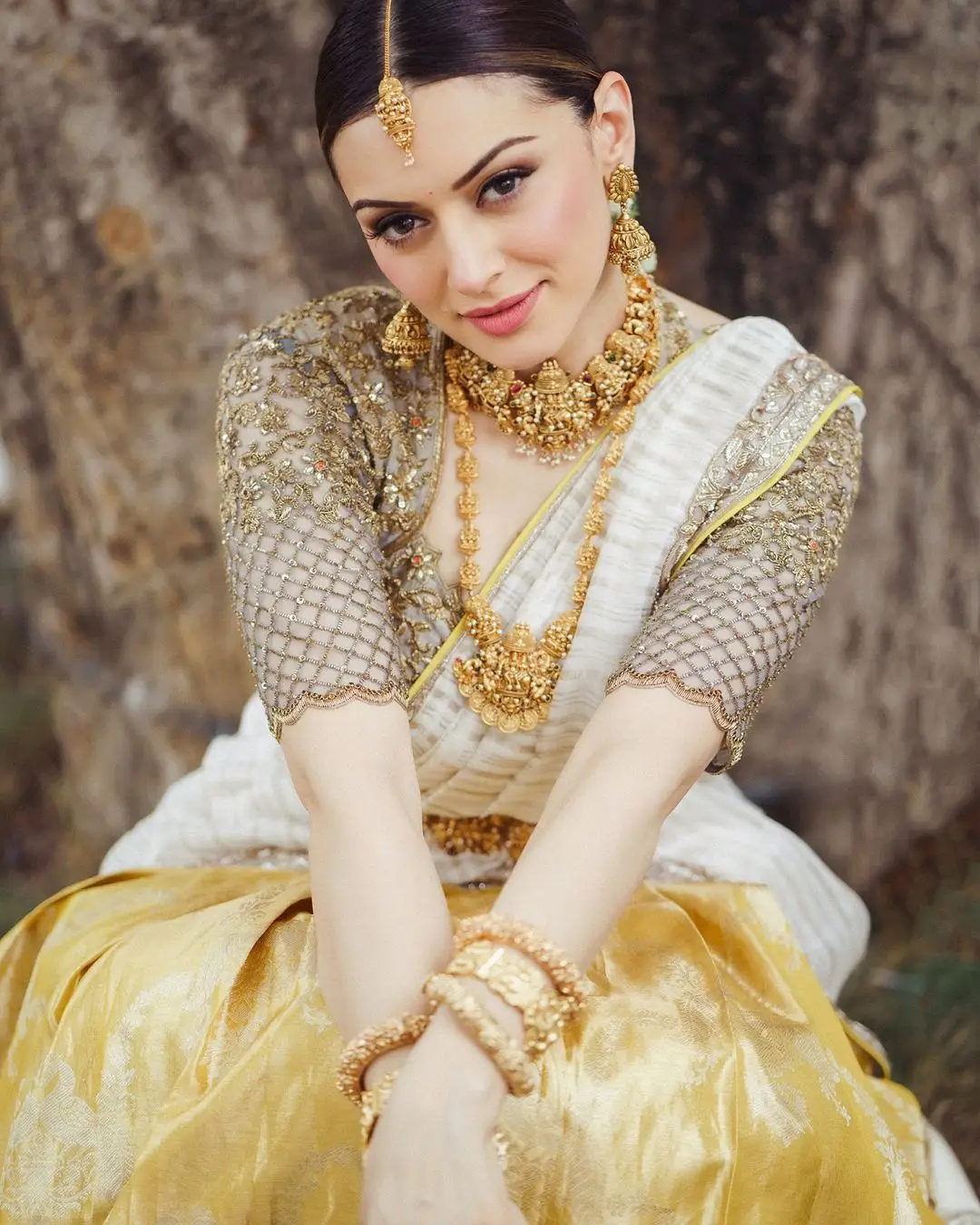 Hansika Motwani Wearing Beautiful Earrings Jewellery Yellow lehenga Choli